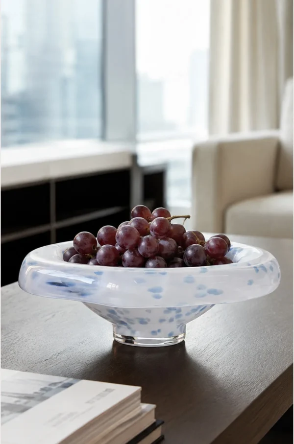 Hand-Made Blue Mist Glass Fruit Bowl on Pedestal Foot in ivory — in a room setting