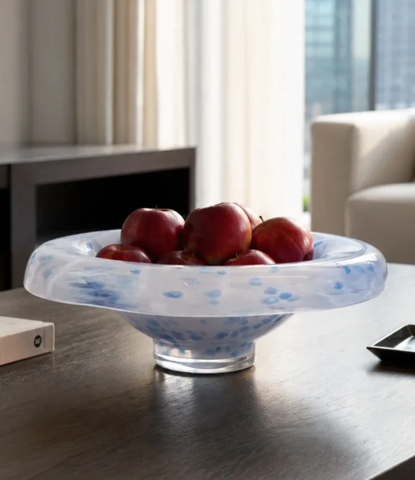 Hand-Made Blue Mist Glass Fruit Bowl on Pedestal Foot in ivory — in a room setting