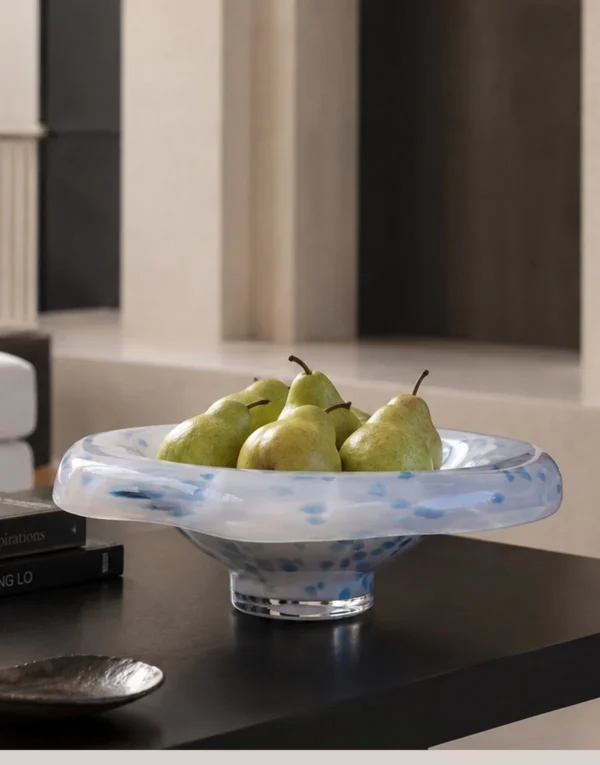 Hand-Made Blue Mist Glass Fruit Bowl on Pedestal Foot in ivory — in a room setting