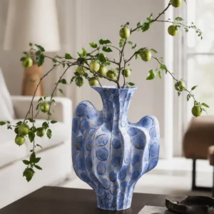 Hand-Made Cactus-Form Blue Dot Ceramic Vase in blue — front view