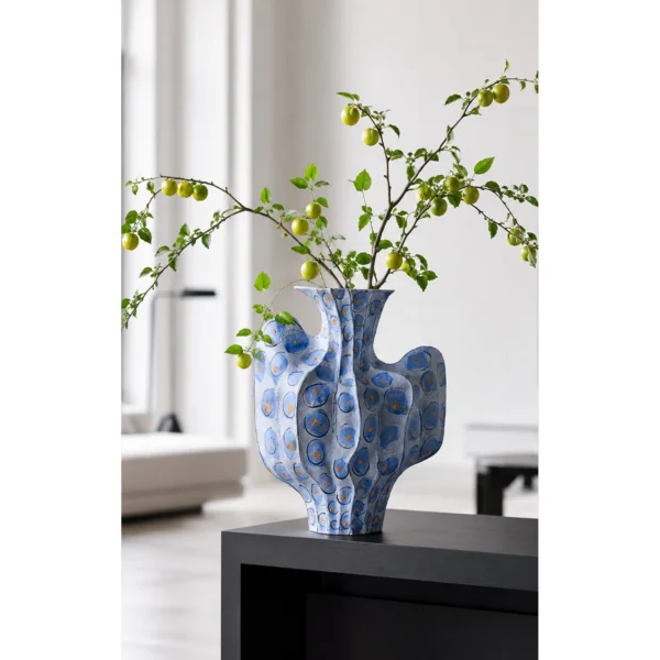 Hand-Made Cactus-Form Blue Dot Ceramic Vase in blue — in a room setting