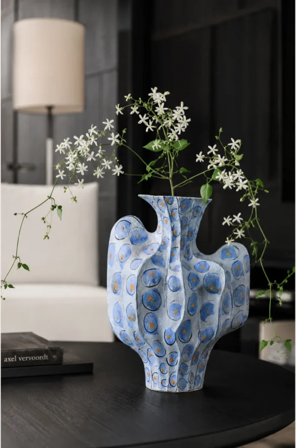 Hand-Made Cactus-Form Blue Dot Ceramic Vase in blue — in a room setting