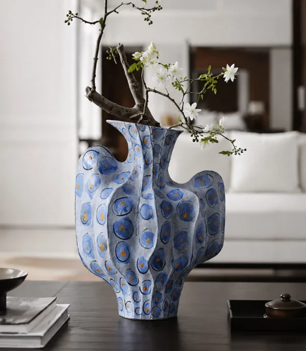 Hand-Made Cactus-Form Blue Dot Ceramic Vase in blue — in a room setting