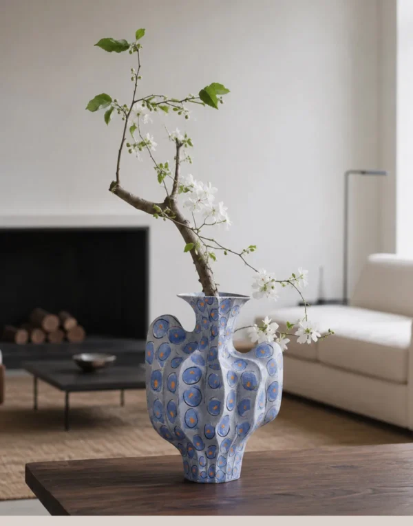 Hand-Made Cactus-Form Blue Dot Ceramic Vase in blue — in a room setting