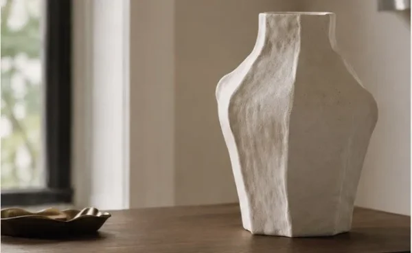 Designer Irregular Faceted White Ceramic Vase, Small or in ivory — in a room setting