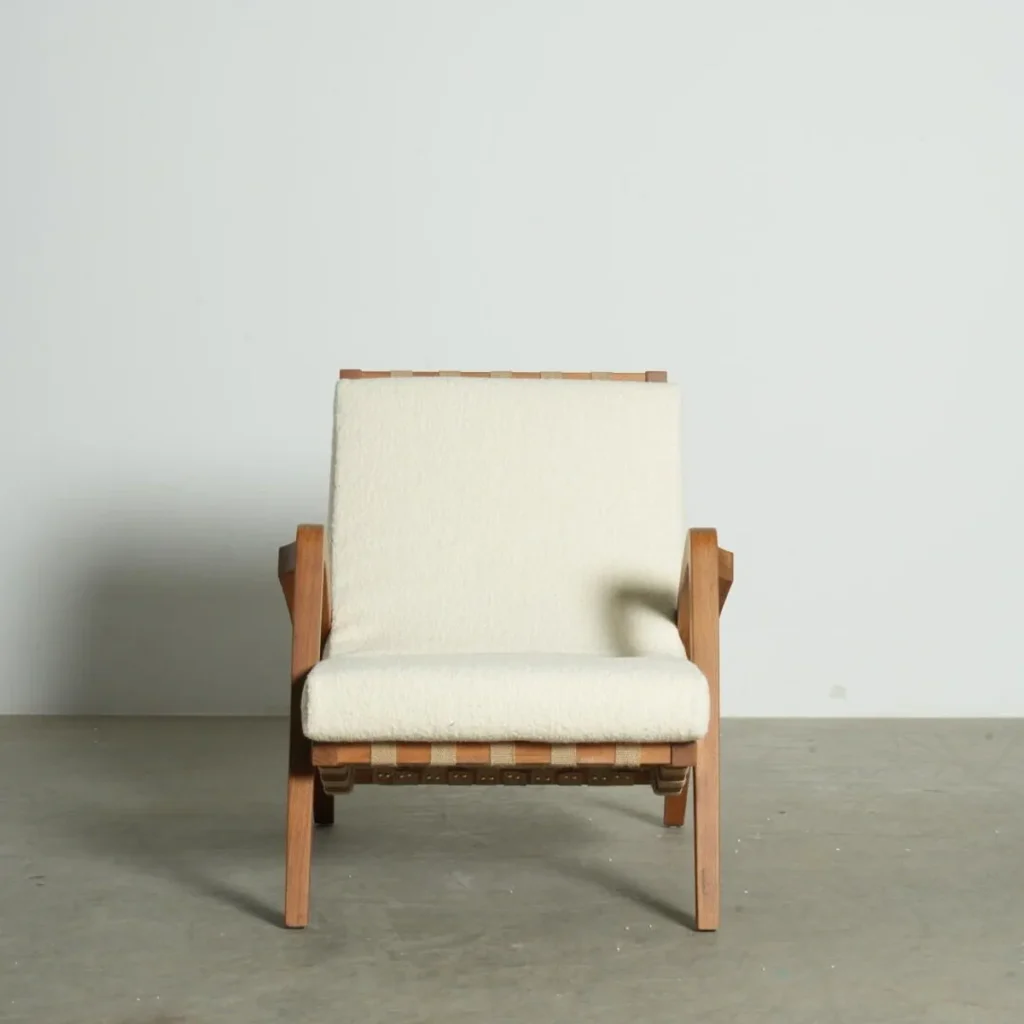 Burmese Teak Armchair with Jute Rope Webbing and Cream Cushions — front view