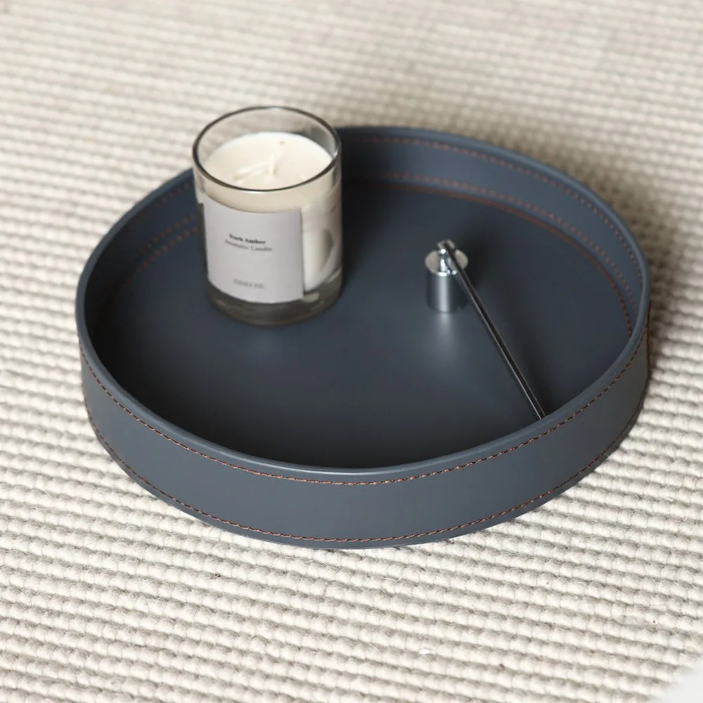 Hand-Made Round Leather Tray in Grey with Contrast Stitching — front view