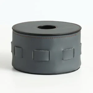 Handmade Grey Leather Round Tissue Box with Woven Tabs in slate — front view