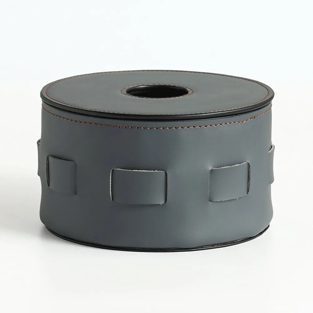 Handmade Grey Leather Round Tissue Box with Woven Tabs in slate — front view