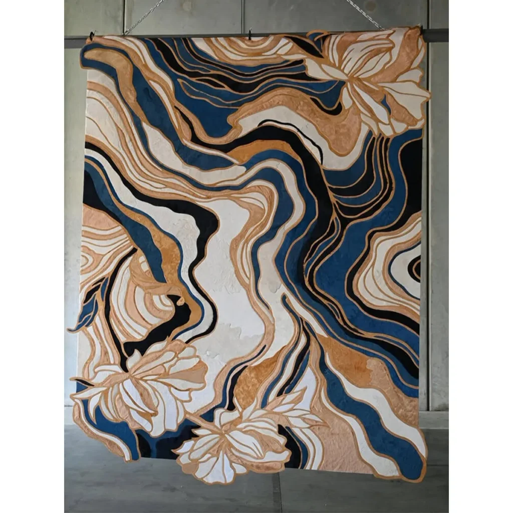 Hand-Made Marbled Cowhide Rug in Navy, Cream and Tan — front view