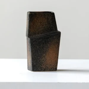 Hand-Made Offset Geometric Square Vase in Black and Rust — front view