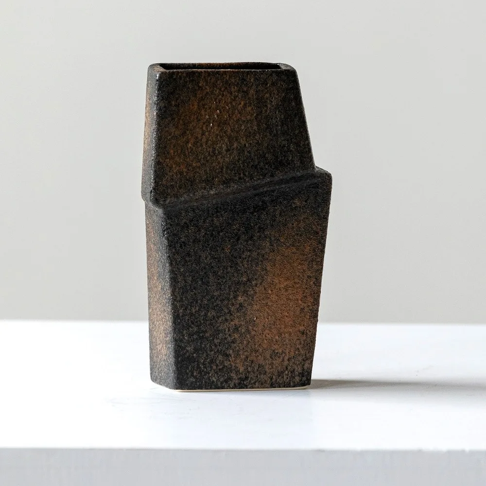 Hand-Made Offset Geometric Square Vase in Black and Rust — front view
