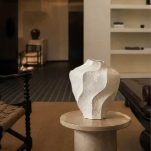 Designer Hand-Made Folded White Ceramic Vase, Short or Tall in ivory — front view