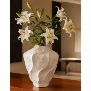 Designer Hand-Made Folded White Ceramic Vase, Short or Tall in ivory — in a room setting