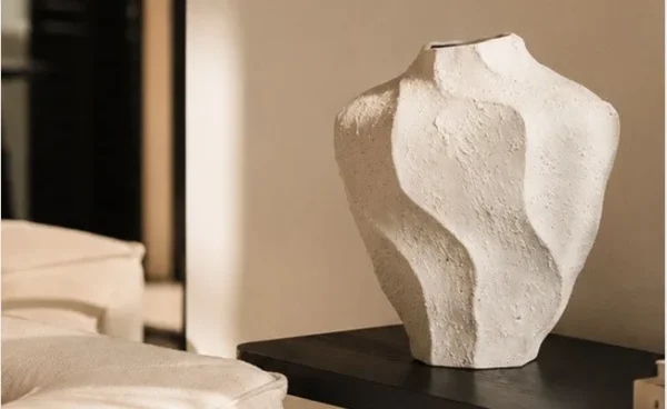 Designer Hand-Made Folded White Ceramic Vase, Short or Tall in ivory — in a room setting
