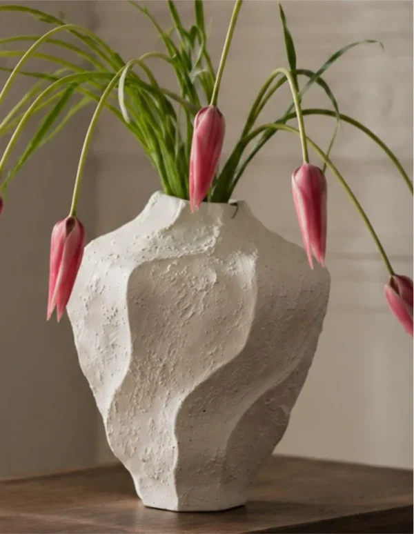 Designer Hand-Made Folded White Ceramic Vase, Short or Tall in ivory — in a room setting