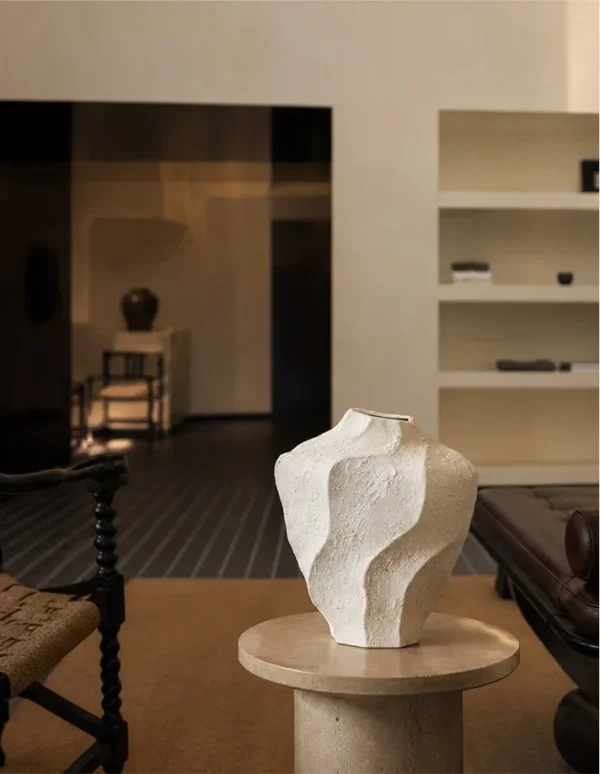 Designer Hand-Made Folded White Ceramic Vase, Short or Tall in ivory — in a room setting