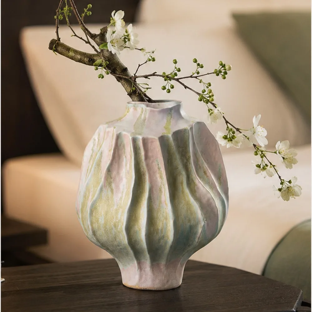 Hand-Made Pleated Ceramic Vase in Moss and Rose Glaze — front view