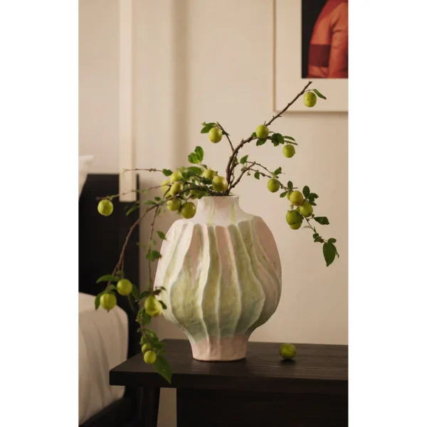 Hand-Made Pleated Ceramic Vase in Moss and Rose Glaze — in a room setting