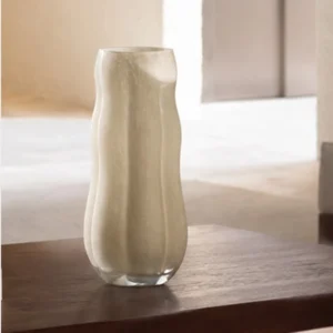 Designer Hand-Made Pleated Jade-Effect Glass Vase, Medium in oatmeal — front view