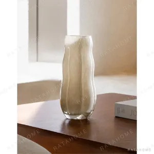 Designer Hand-Made Pleated Jade-Effect Glass Vase, Medium in oatmeal — in a room setting