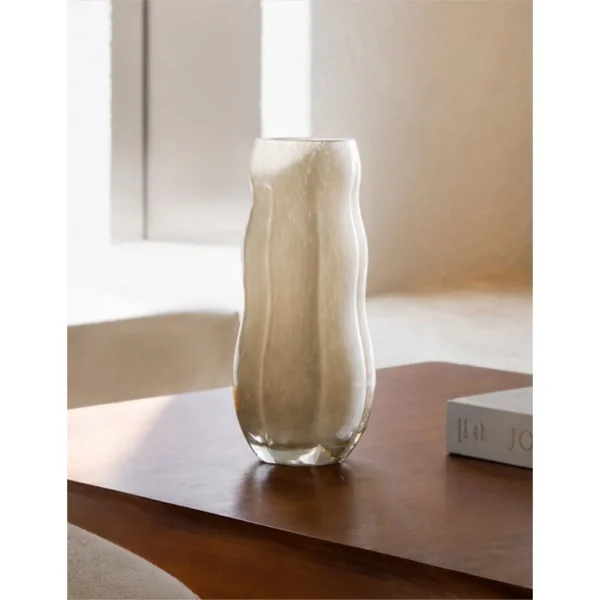 Designer Hand-Made Pleated Jade-Effect Glass Vase, Medium in oatmeal — in a room setting