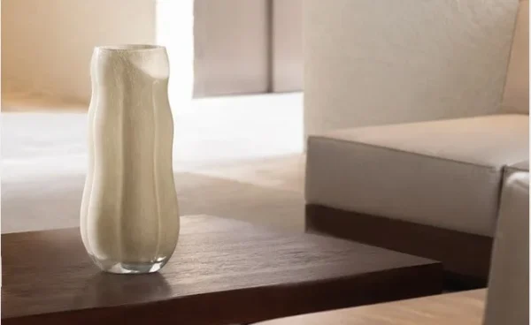 Designer Hand-Made Pleated Jade-Effect Glass Vase, Medium in oatmeal — in a room setting