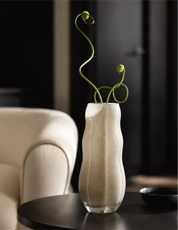 Designer Hand-Made Pleated Jade-Effect Glass Vase, Medium in oatmeal — in a room setting
