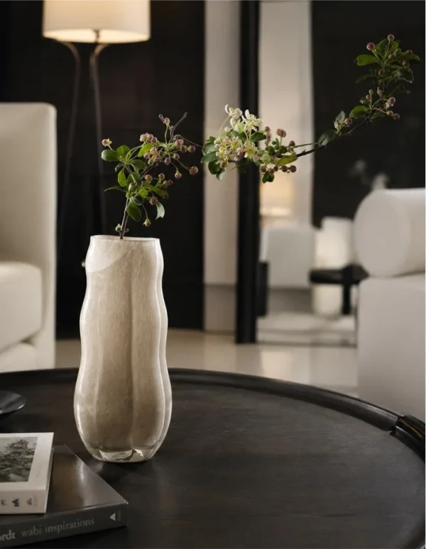 Designer Hand-Made Pleated Jade-Effect Glass Vase, Medium in oatmeal — in a room setting