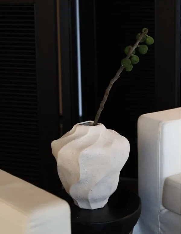 Designer Pleated Round-Belly Art Vase in oatmeal — in a room setting