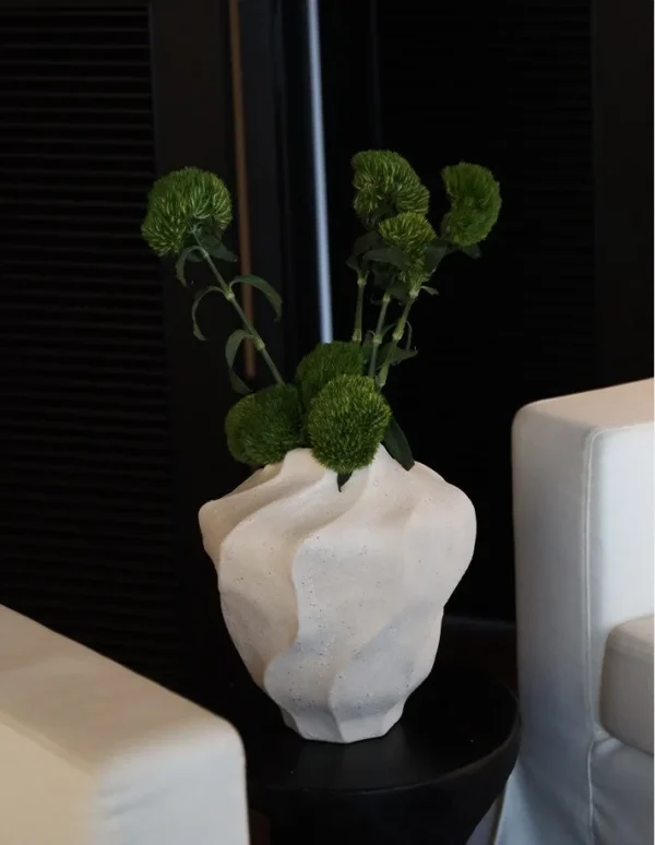 Designer Pleated Round-Belly Art Vase in oatmeal — in a room setting