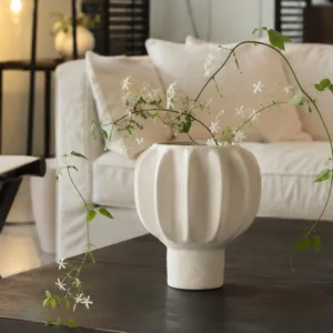 Hand-Made Ribbed Lantern-Form White Ceramic Vase, Two Sizes in ivory — front view