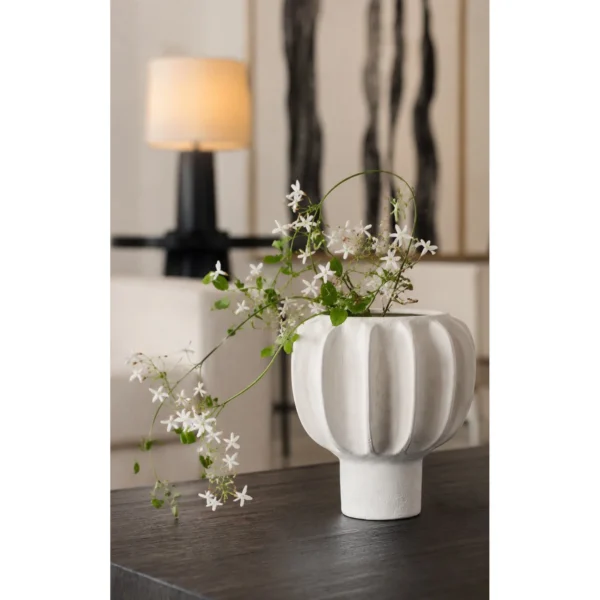 Hand-Made Ribbed Lantern-Form White Ceramic Vase, Two Sizes in ivory — in a room setting