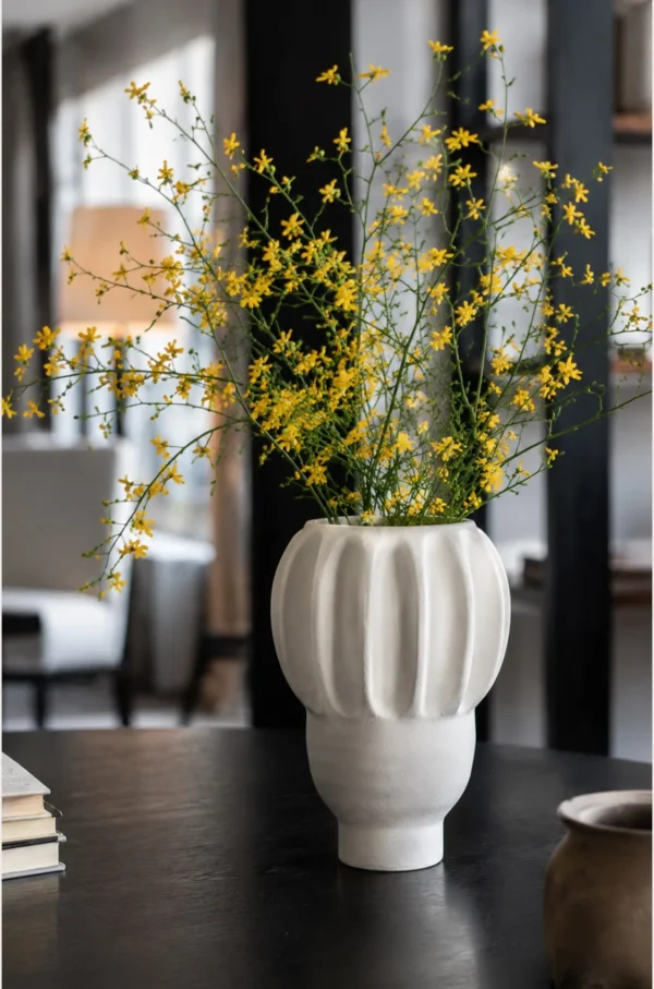 Hand-Made Ribbed Lantern-Form White Ceramic Vase, Two Sizes in ivory — in a room setting