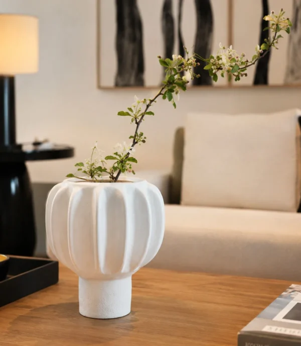 Hand-Made Ribbed Lantern-Form White Ceramic Vase, Two Sizes in ivory — in a room setting