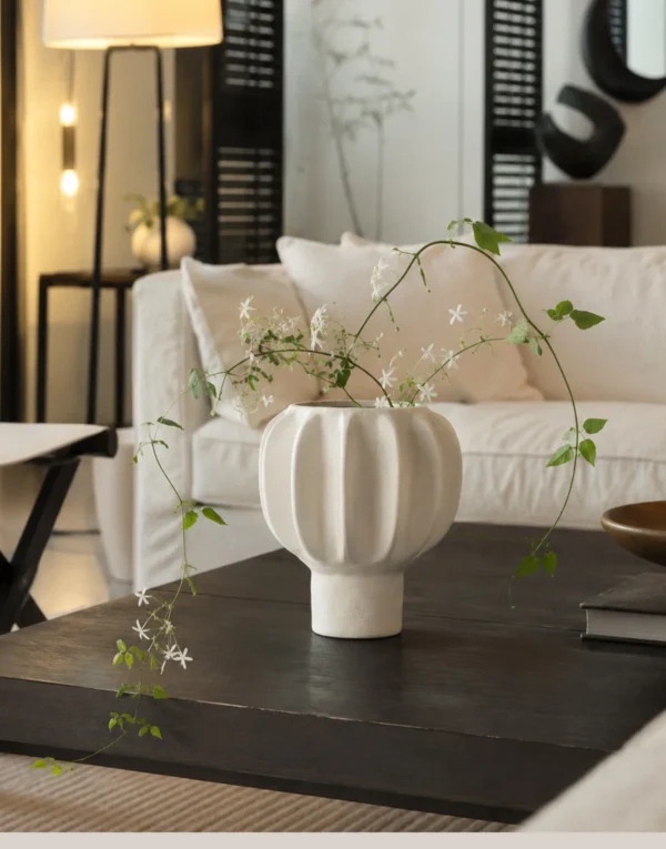 Hand-Made Ribbed Lantern-Form White Ceramic Vase, Two Sizes in ivory — in a room setting