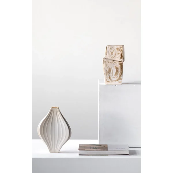 Hand-Made Ribbed Lantern Vase in Plain White, Two Forms — in a room setting
