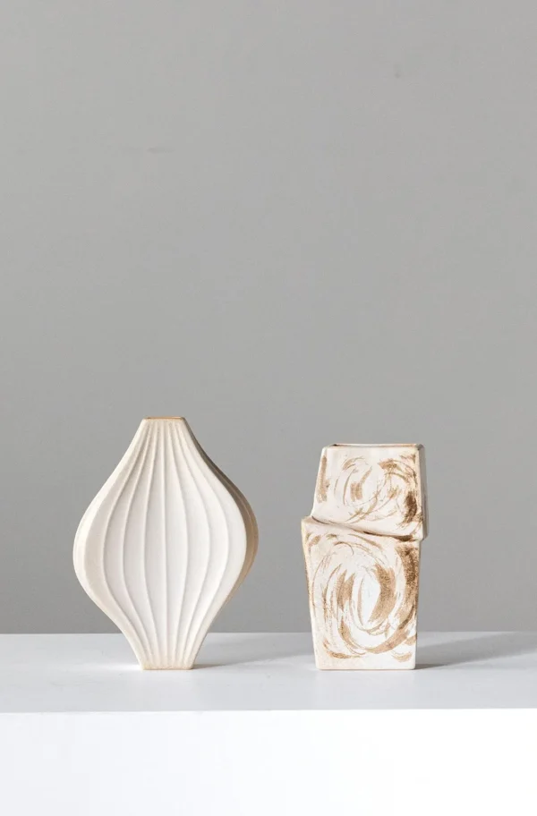 Hand-Made Ribbed Lantern Vase in Plain White, Two Forms — in a room setting