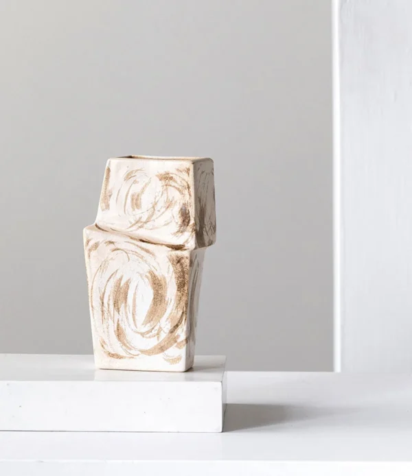 Hand-Made Ribbed Lantern Vase in Plain White, Two Forms — in a room setting