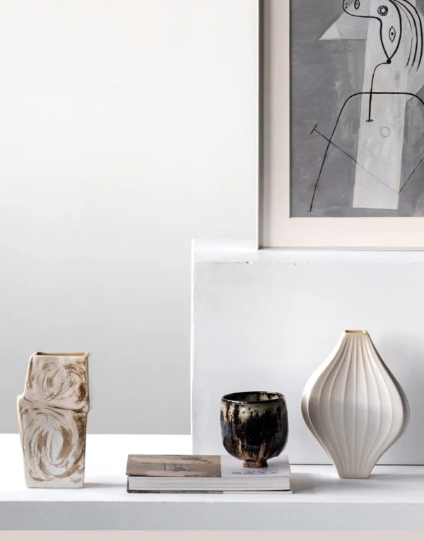 Hand-Made Ribbed Lantern Vase in Plain White, Two Forms — in a room setting