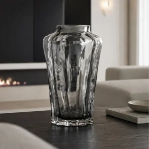 Designer Ribbed Smoked Glass Vase in slate — front view
