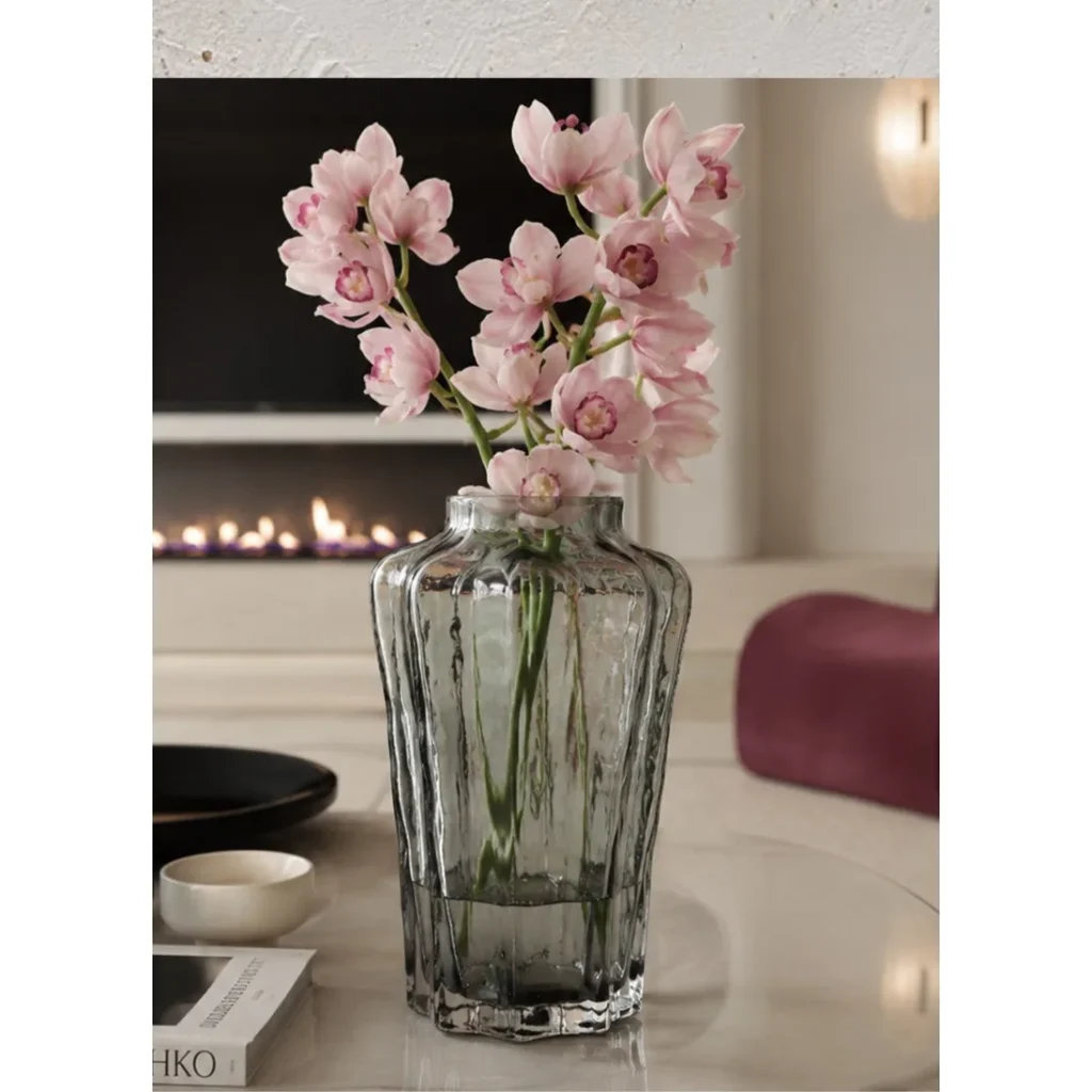 Designer Ribbed Smoked Glass Vase in slate — in a room setting