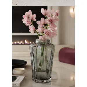 Designer Ribbed Smoked Glass Vase in slate — in a room setting