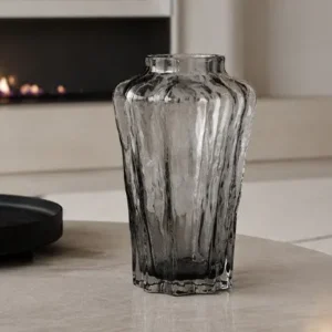 Designer Ribbed Smoked Glass Vase in slate — in a room setting