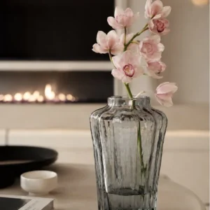 Designer Ribbed Smoked Glass Vase in slate — in a room setting