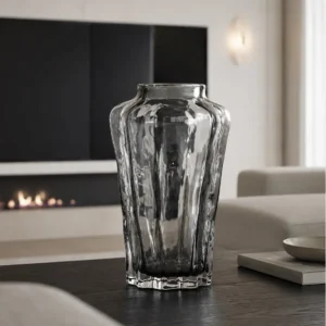 Designer Ribbed Smoked Glass Vase in slate — in a room setting