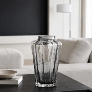 Designer Ribbed Smoked Glass Vase in slate — in a room setting