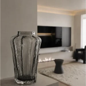 Designer Ribbed Smoked Glass Vase in slate — in a room setting
