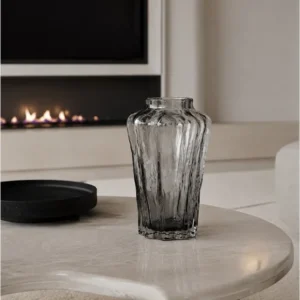 Designer Ribbed Smoked Glass Vase in slate — in a room setting