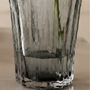Designer Ribbed Smoked Glass Vase in slate — in a room setting